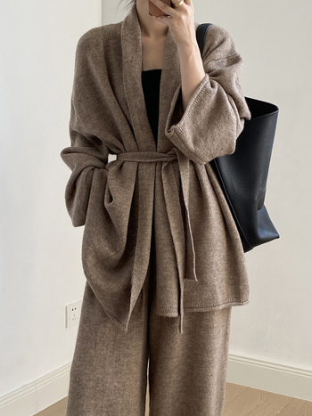 Комплект плетена жилетка и панталони с широки крачоли, пачуърк, висока талия, есен-зима, акрил-полиестер смес