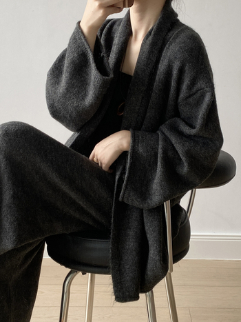 Комплект плетена жилетка и панталони с широки крачоли, пачуърк, висока талия, есен-зима, акрил-полиестер смес