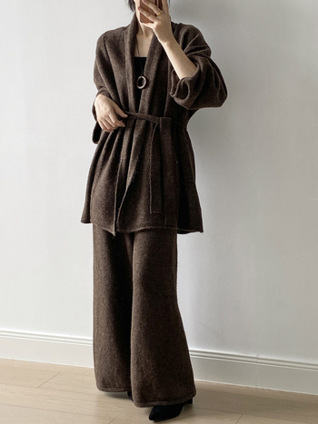 Комплект плетена жилетка и панталони с широки крачоли, пачуърк, висока талия, есен-зима, акрил-полиестер смес