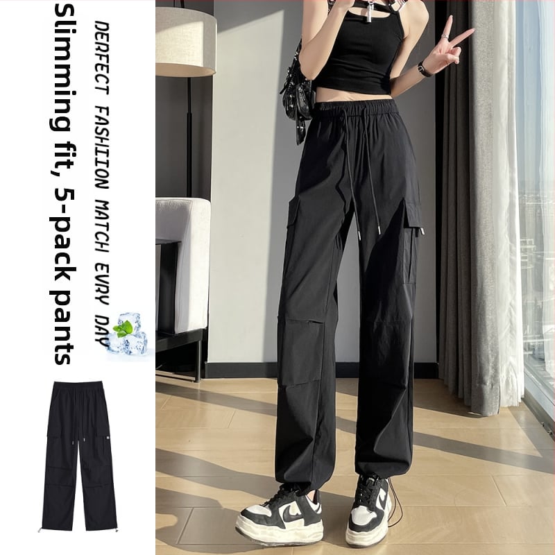 Ženské cargo nohavice rýchloschnúce z polyesteru ≥95%, rovný strih, stredný pás, tenké, mestský hipster/workwear štýl