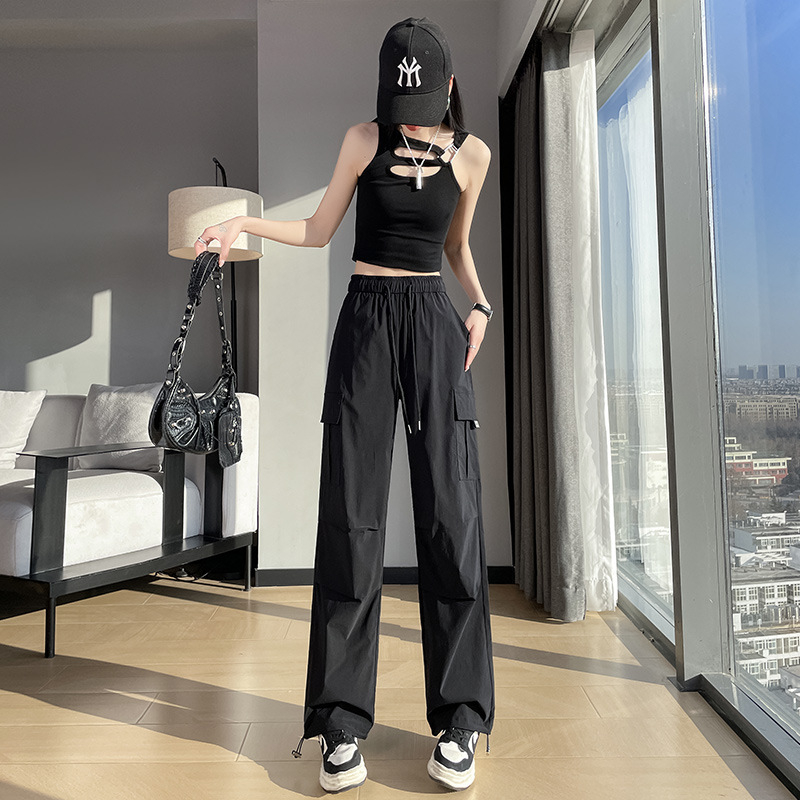 Ženské cargo nohavice rýchloschnúce z polyesteru ≥95%, rovný strih, stredný pás, tenké, mestský hipster/workwear štýl