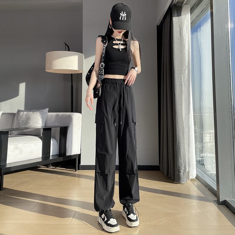 Ženské cargo nohavice rýchloschnúce z polyesteru ≥95%, rovný strih, stredný pás, tenké, mestský hipster/workwear štýl