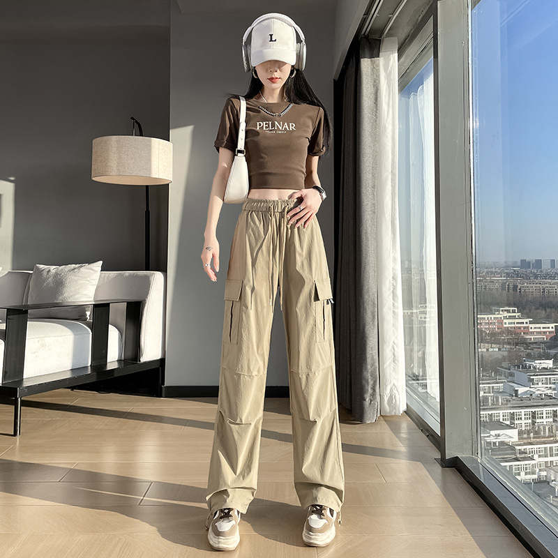 Ženské cargo nohavice rýchloschnúce z polyesteru ≥95%, rovný strih, stredný pás, tenké, mestský hipster/workwear štýl