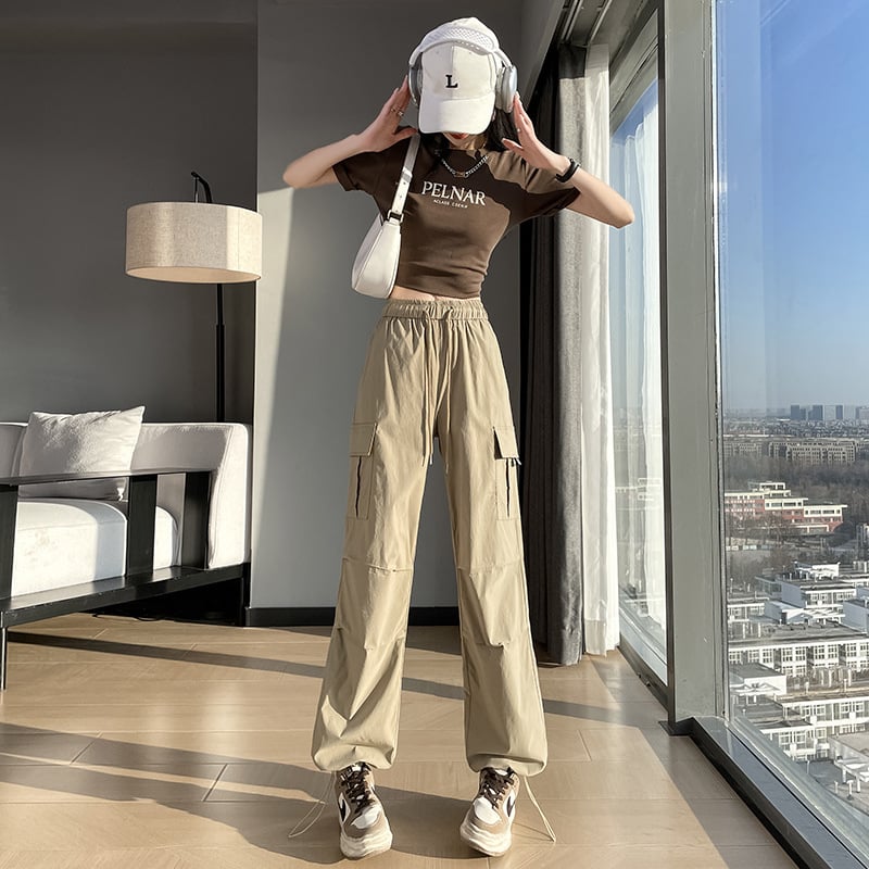 Ženské cargo nohavice rýchloschnúce z polyesteru ≥95%, rovný strih, stredný pás, tenké, mestský hipster/workwear štýl