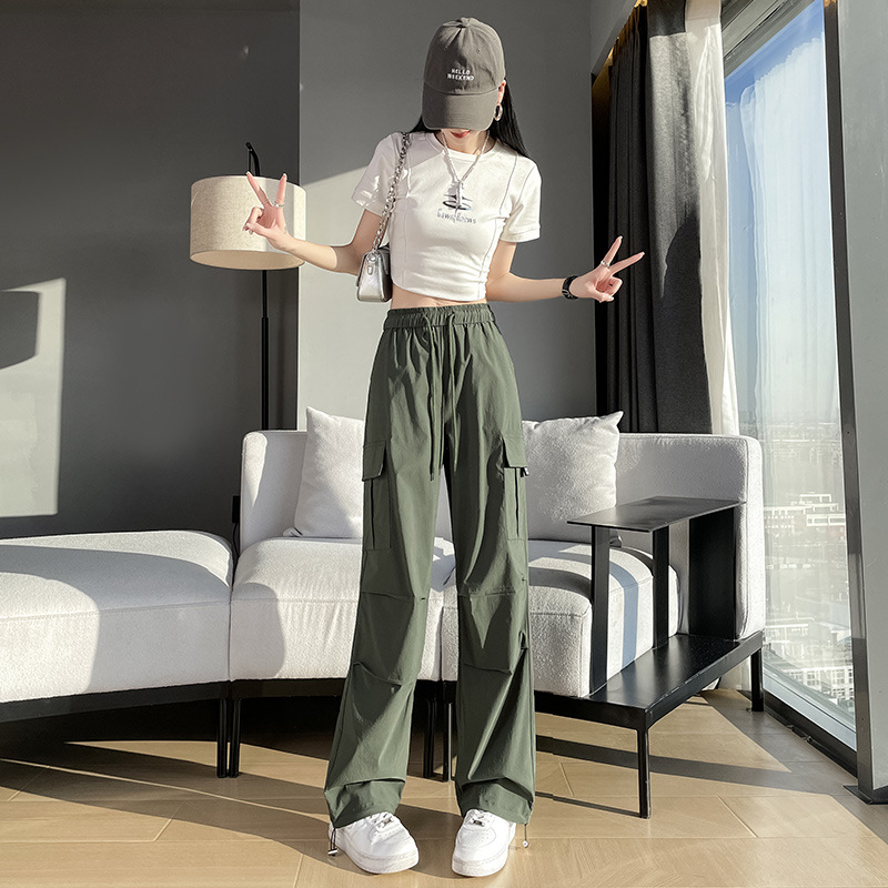 Ženské cargo nohavice rýchloschnúce z polyesteru ≥95%, rovný strih, stredný pás, tenké, mestský hipster/workwear štýl