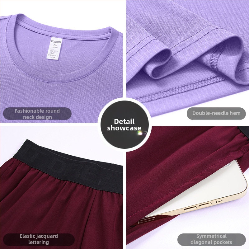 Pánsky rýchloschnúci športový komplet na leto a jar – vonkajšie behanie, krátke rukávy, okrúhly výstrih, polyesterový materiál