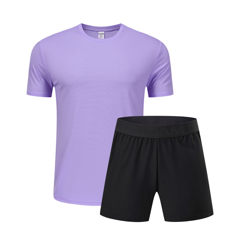 Pánsky rýchloschnúci športový komplet na leto a jar – vonkajšie behanie, krátke rukávy, okrúhly výstrih, polyesterový materiál