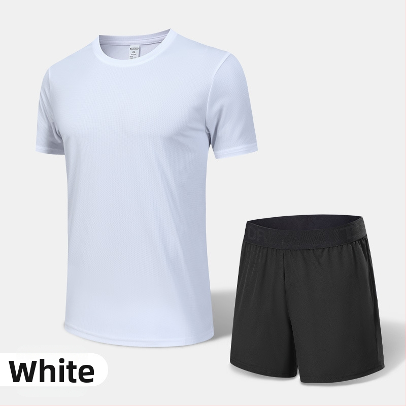 Pánsky rýchloschnúci športový komplet na leto a jar – vonkajšie behanie, krátke rukávy, okrúhly výstrih, polyesterový materiál