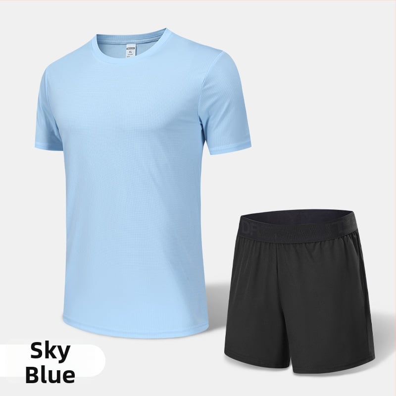 Pánsky rýchloschnúci športový komplet na leto a jar – vonkajšie behanie, krátke rukávy, okrúhly výstrih, polyesterový materiál