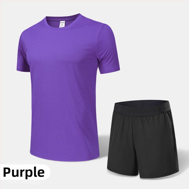 Pánsky rýchloschnúci športový komplet na leto a jar – vonkajšie behanie, krátke rukávy, okrúhly výstrih, polyesterový materiál