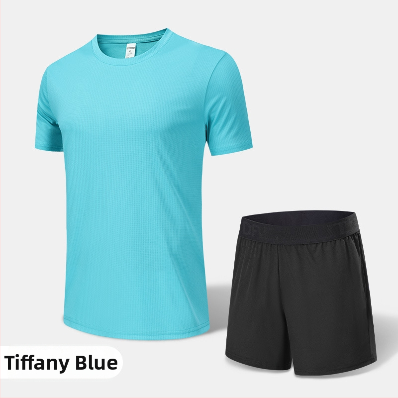 Pánsky rýchloschnúci športový komplet na leto a jar – vonkajšie behanie, krátke rukávy, okrúhly výstrih, polyesterový materiál