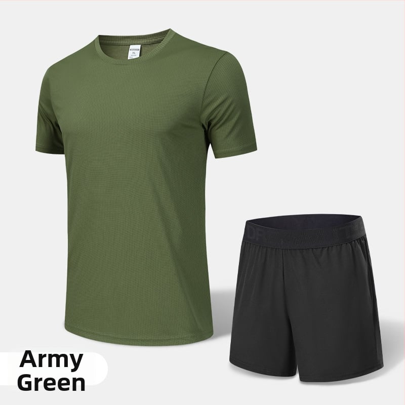 Pánsky rýchloschnúci športový komplet na leto a jar – vonkajšie behanie, krátke rukávy, okrúhly výstrih, polyesterový materiál