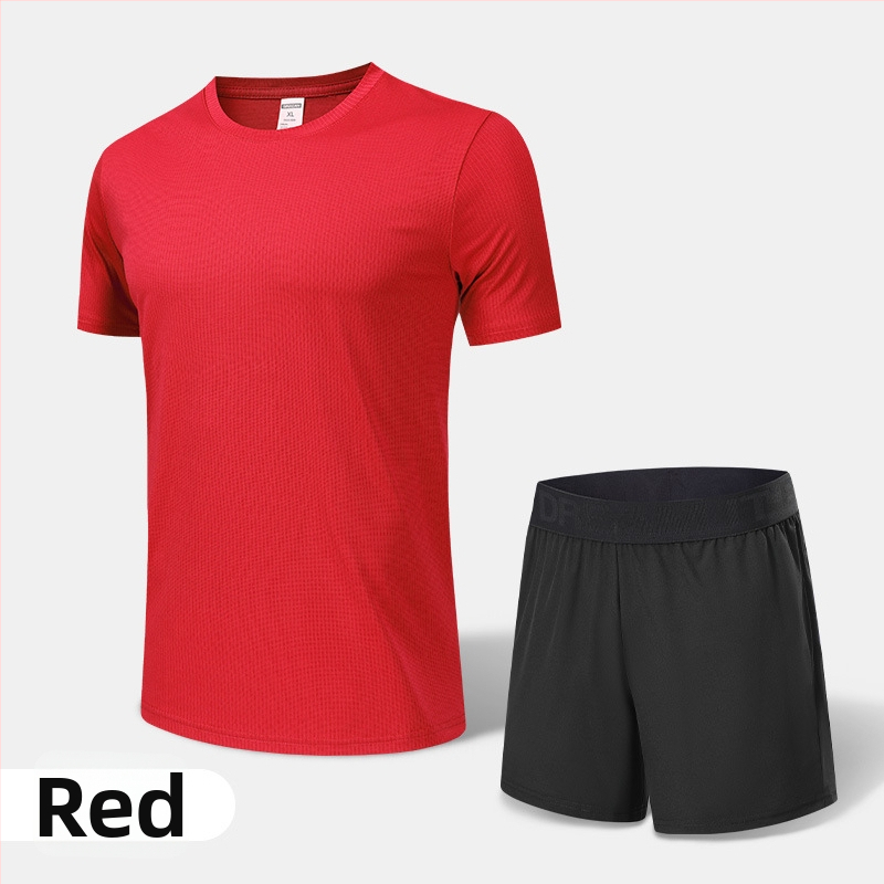 Pánsky rýchloschnúci športový komplet na leto a jar – vonkajšie behanie, krátke rukávy, okrúhly výstrih, polyesterový materiál