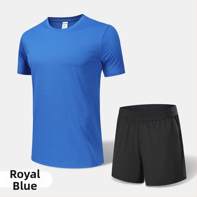 Pánsky rýchloschnúci športový komplet na leto a jar – vonkajšie behanie, krátke rukávy, okrúhly výstrih, polyesterový materiál