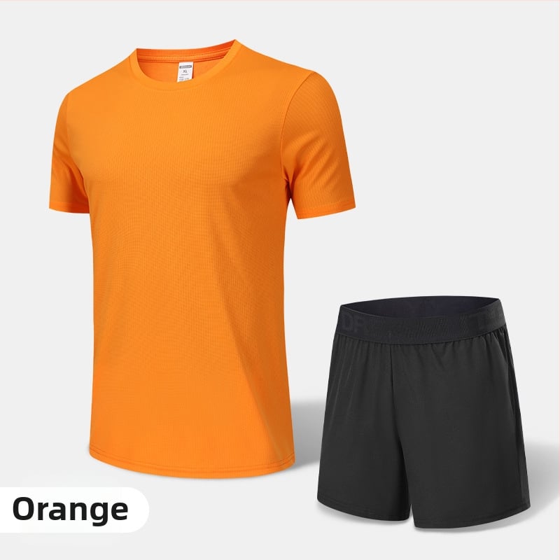 Pánsky rýchloschnúci športový komplet na leto a jar – vonkajšie behanie, krátke rukávy, okrúhly výstrih, polyesterový materiál