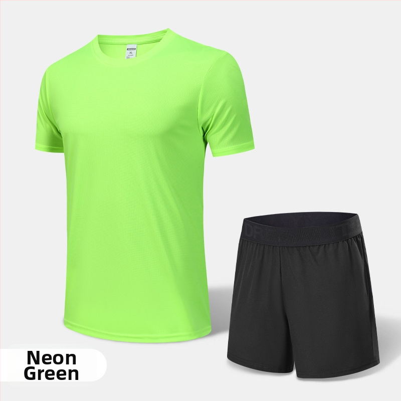Pánsky rýchloschnúci športový komplet na leto a jar – vonkajšie behanie, krátke rukávy, okrúhly výstrih, polyesterový materiál
