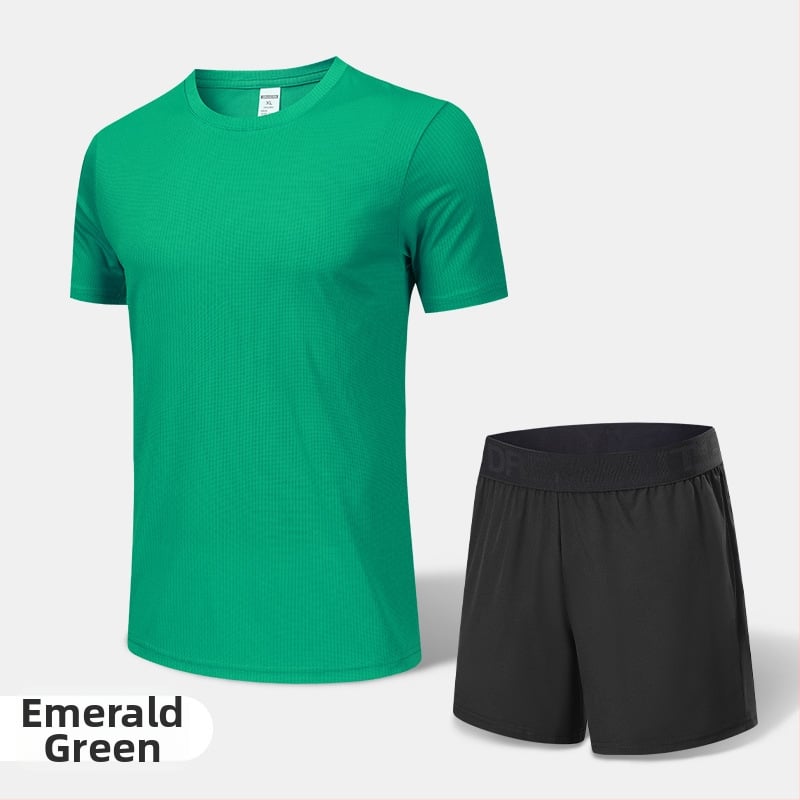 Pánsky rýchloschnúci športový komplet na leto a jar – vonkajšie behanie, krátke rukávy, okrúhly výstrih, polyesterový materiál