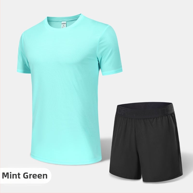 Pánsky rýchloschnúci športový komplet na leto a jar – vonkajšie behanie, krátke rukávy, okrúhly výstrih, polyesterový materiál