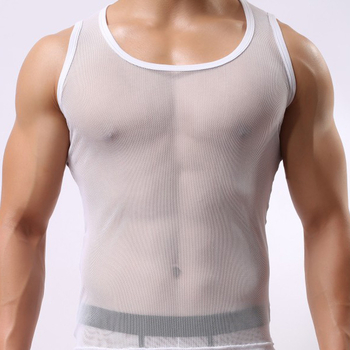 Pánske sieťové tielko, tenké a priehľadné, okrúhly výstrih, 90–95% polyester, európsko-americký štýl