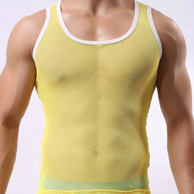 Pánske sieťové tielko, tenké a priehľadné, okrúhly výstrih, 90–95% polyester, európsko-americký štýl