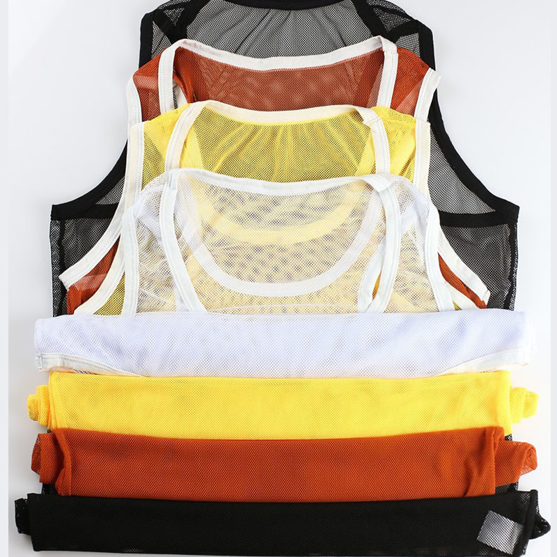 Pánske sieťové tielko, tenké a priehľadné, okrúhly výstrih, 90–95% polyester, európsko-americký štýl