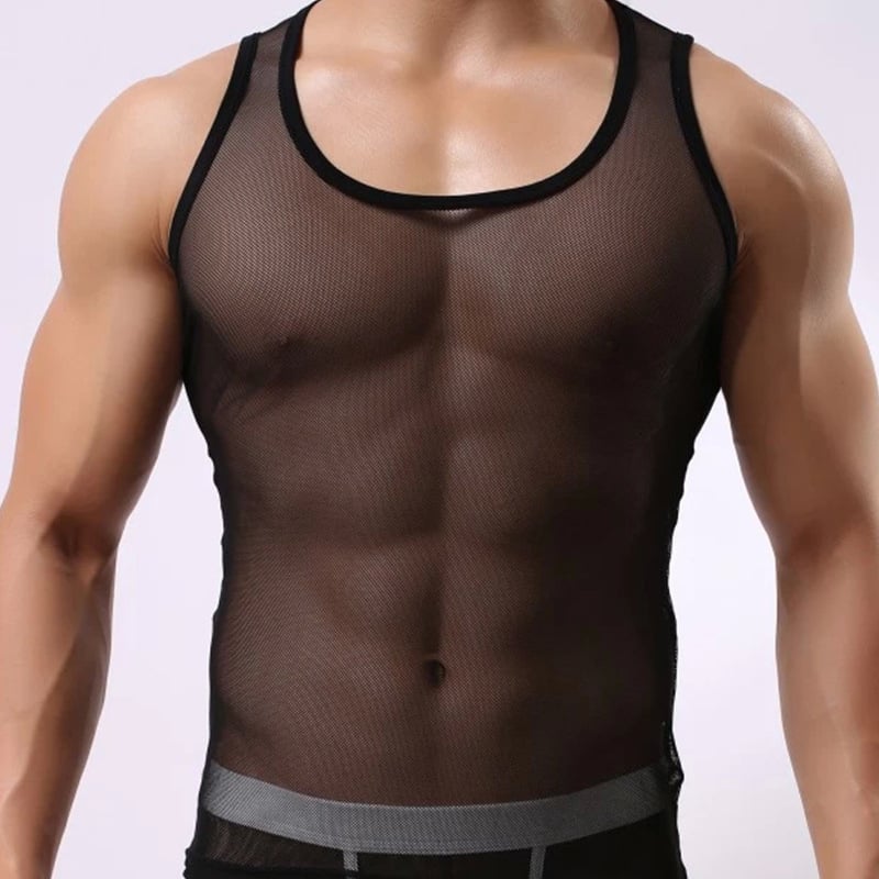 Pánske sieťové tielko, tenké a priehľadné, okrúhly výstrih, 90–95% polyester, európsko-americký štýl