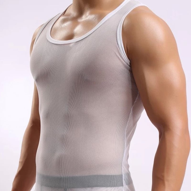 Pánske sieťové tielko, tenké a priehľadné, okrúhly výstrih, 90–95% polyester, európsko-americký štýl