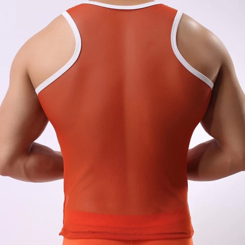 Pánske sieťové tielko, tenké a priehľadné, okrúhly výstrih, 90–95% polyester, európsko-americký štýl