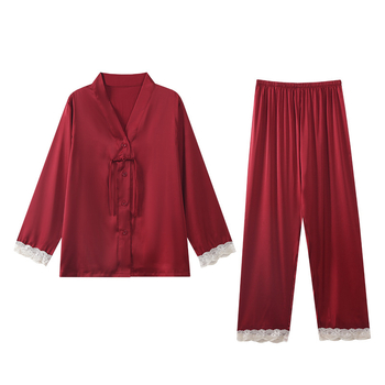 Sada pyžám pre páry z Ice Silk, tradičný čínsky štýl, V-krk, dlhé rukávy, dlhé nohavice
