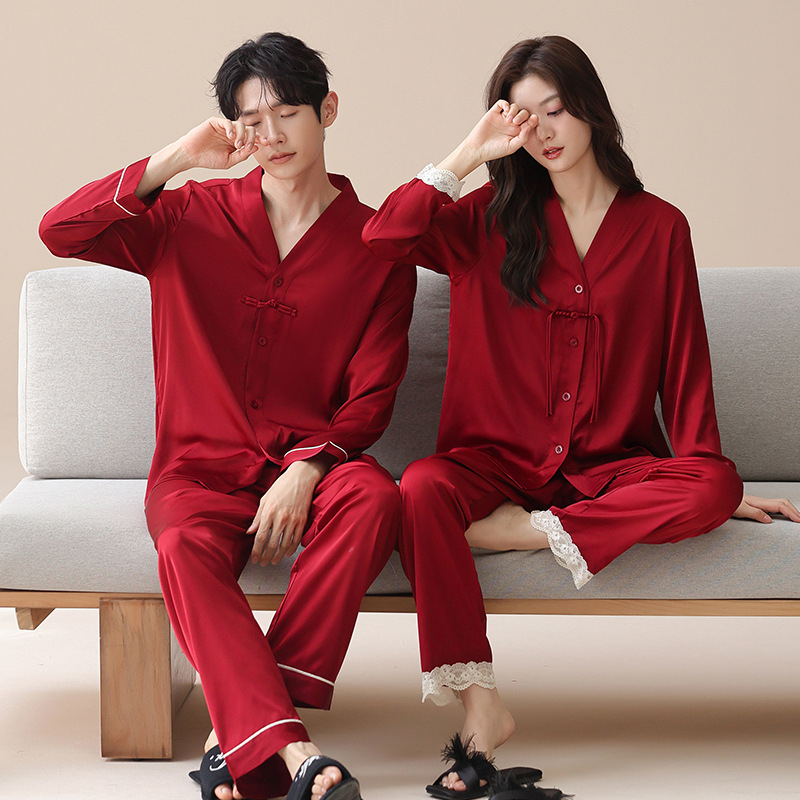 Sada pyžám pre páry z Ice Silk, tradičný čínsky štýl, V-krk, dlhé rukávy, dlhé nohavice