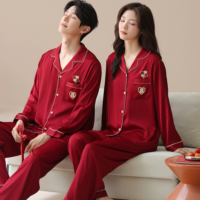 Sada pyžám pre páry z Ice Silk, tradičný čínsky štýl, V-krk, dlhé rukávy, dlhé nohavice