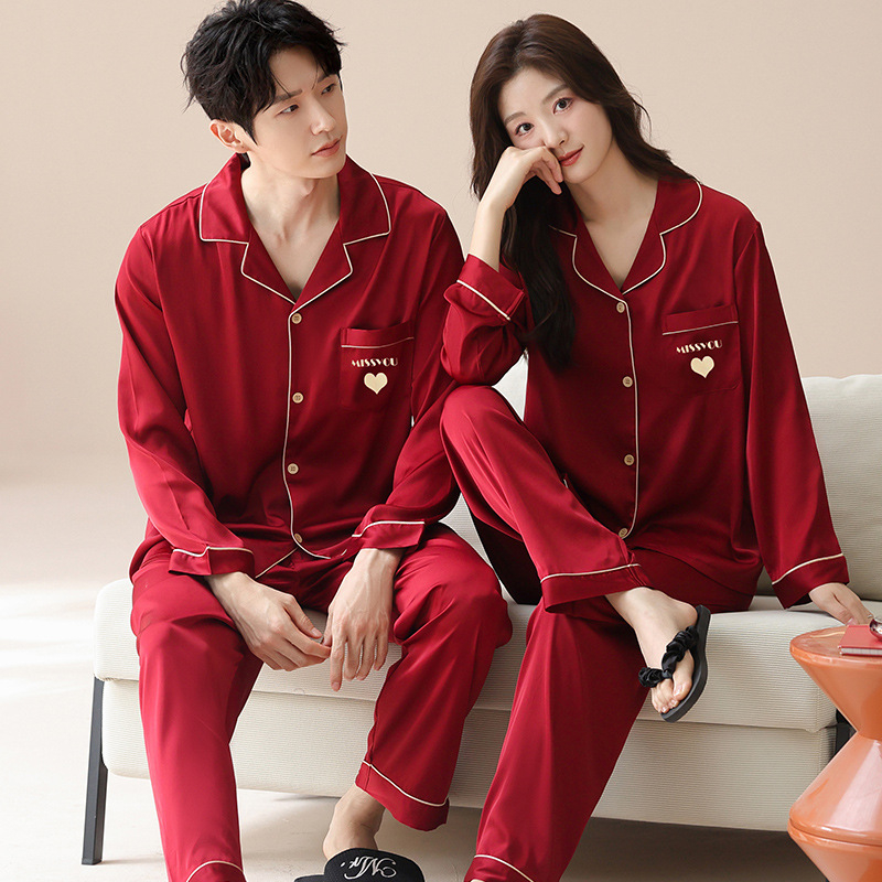 Sada pyžám pre páry z Ice Silk, tradičný čínsky štýl, V-krk, dlhé rukávy, dlhé nohavice