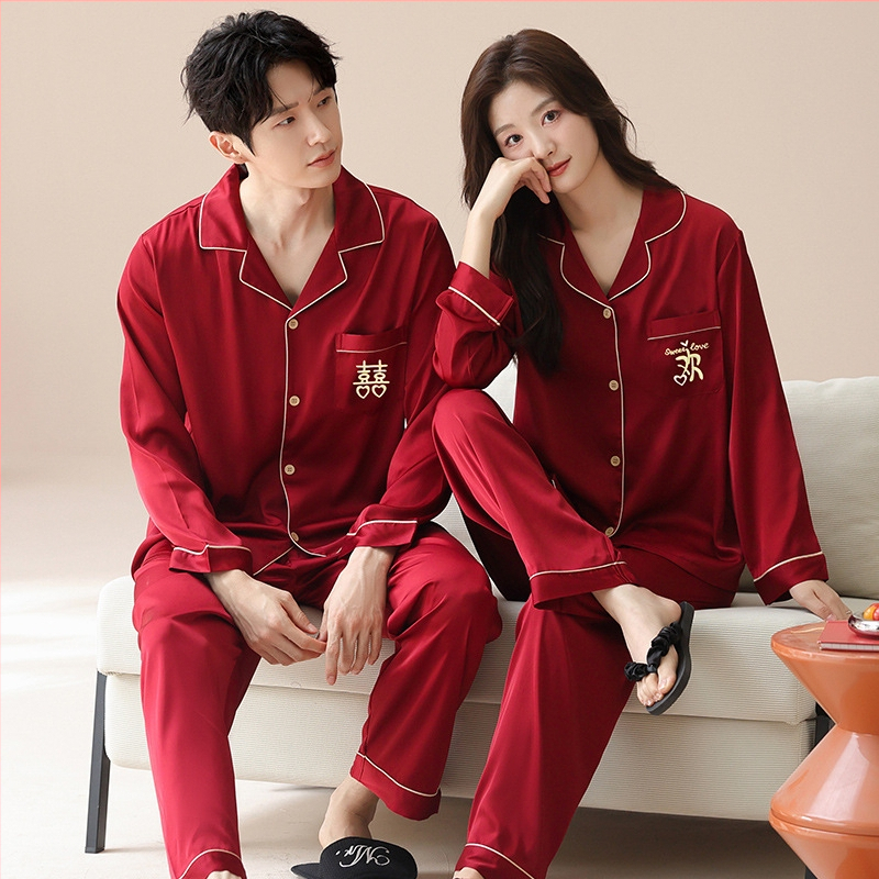 Sada pyžám pre páry z Ice Silk, tradičný čínsky štýl, V-krk, dlhé rukávy, dlhé nohavice