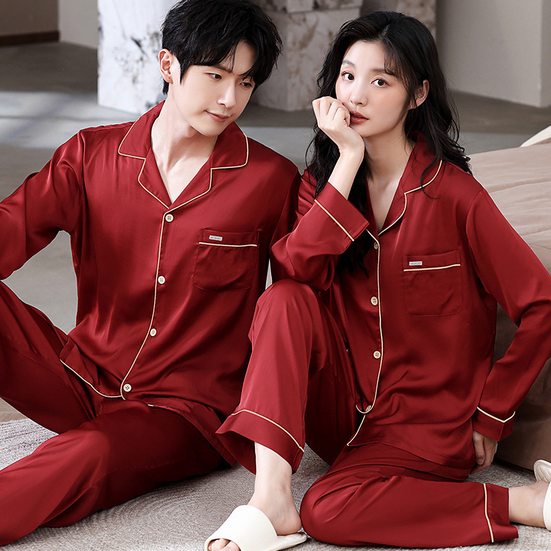 Sada pyžám pre páry z Ice Silk, tradičný čínsky štýl, V-krk, dlhé rukávy, dlhé nohavice
