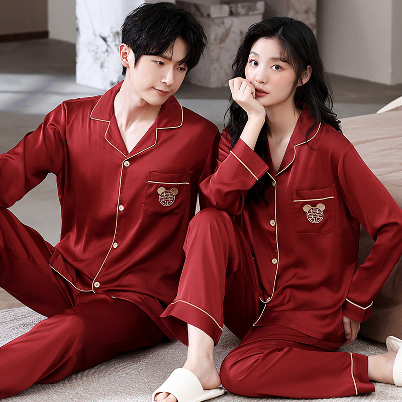 Sada pyžám pre páry z Ice Silk, tradičný čínsky štýl, V-krk, dlhé rukávy, dlhé nohavice