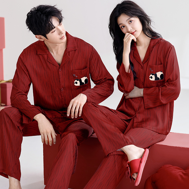 Sada pyžám pre páry z Ice Silk, tradičný čínsky štýl, V-krk, dlhé rukávy, dlhé nohavice