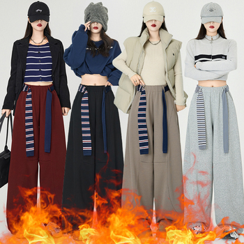 Γυναικείοι άνετοι παντελόνες σε φαρδιά γραμμή, υψηλή μέση με ελαστικό ζωνάκι, χωρίς τσαλάκωμα, παχύ μείγμα πολυεστέρα/βαμβακιού/ελαστάν (67.4% πολυεστέρας, 30.1% βαμβάκι, 2.5% ελαστάν), μακριά παντελόνια, casual ιαπωνο-κορεατικό στυλ