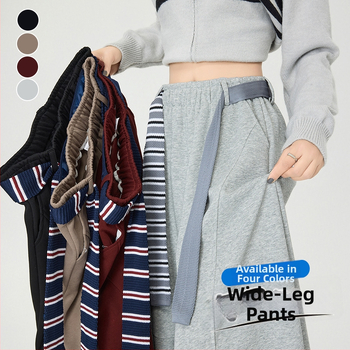 Γυναικείοι άνετοι παντελόνες σε φαρδιά γραμμή, υψηλή μέση με ελαστικό ζωνάκι, χωρίς τσαλάκωμα, παχύ μείγμα πολυεστέρα/βαμβακιού/ελαστάν (67.4% πολυεστέρας, 30.1% βαμβάκι, 2.5% ελαστάν), μακριά παντελόνια, casual ιαπωνο-κορεατικό στυλ