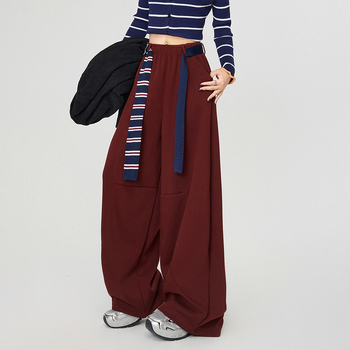 Γυναικείοι άνετοι παντελόνες σε φαρδιά γραμμή, υψηλή μέση με ελαστικό ζωνάκι, χωρίς τσαλάκωμα, παχύ μείγμα πολυεστέρα/βαμβακιού/ελαστάν (67.4% πολυεστέρας, 30.1% βαμβάκι, 2.5% ελαστάν), μακριά παντελόνια, casual ιαπωνο-κορεατικό στυλ