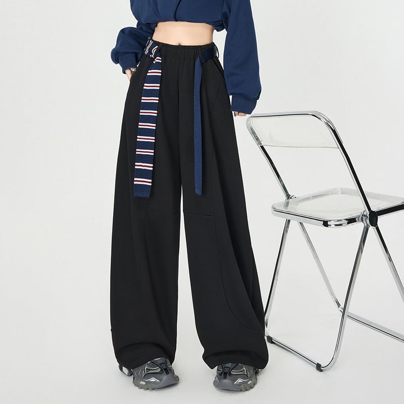 Γυναικείοι άνετοι παντελόνες σε φαρδιά γραμμή, υψηλή μέση με ελαστικό ζωνάκι, χωρίς τσαλάκωμα, παχύ μείγμα πολυεστέρα/βαμβακιού/ελαστάν (67.4% πολυεστέρας, 30.1% βαμβάκι, 2.5% ελαστάν), μακριά παντελόνια, casual ιαπωνο-κορεατικό στυλ