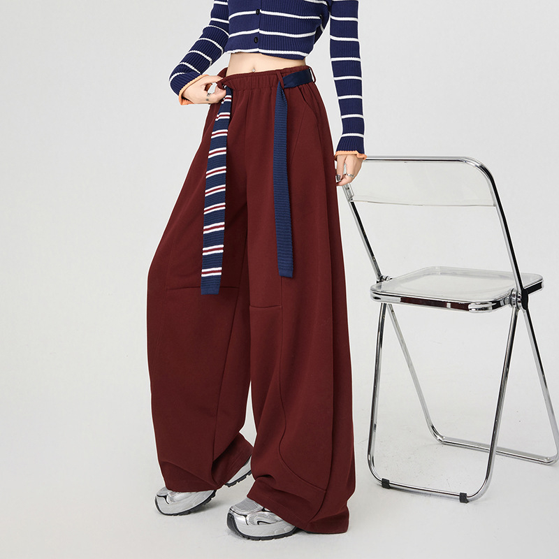 Γυναικείοι άνετοι παντελόνες σε φαρδιά γραμμή, υψηλή μέση με ελαστικό ζωνάκι, χωρίς τσαλάκωμα, παχύ μείγμα πολυεστέρα/βαμβακιού/ελαστάν (67.4% πολυεστέρας, 30.1% βαμβάκι, 2.5% ελαστάν), μακριά παντελόνια, casual ιαπωνο-κορεατικό στυλ