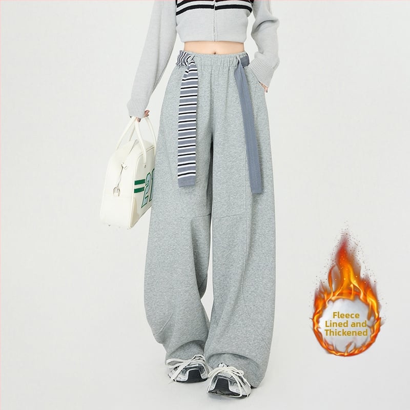 Γυναικείοι άνετοι παντελόνες σε φαρδιά γραμμή, υψηλή μέση με ελαστικό ζωνάκι, χωρίς τσαλάκωμα, παχύ μείγμα πολυεστέρα/βαμβακιού/ελαστάν (67.4% πολυεστέρας, 30.1% βαμβάκι, 2.5% ελαστάν), μακριά παντελόνια, casual ιαπωνο-κορεατικό στυλ