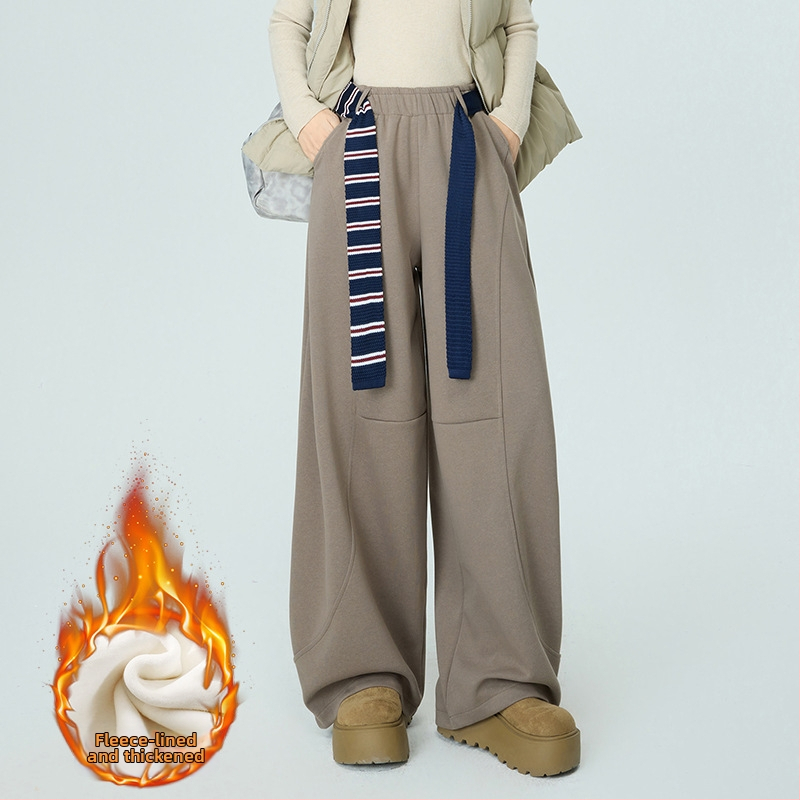 Γυναικείοι άνετοι παντελόνες σε φαρδιά γραμμή, υψηλή μέση με ελαστικό ζωνάκι, χωρίς τσαλάκωμα, παχύ μείγμα πολυεστέρα/βαμβακιού/ελαστάν (67.4% πολυεστέρας, 30.1% βαμβάκι, 2.5% ελαστάν), μακριά παντελόνια, casual ιαπωνο-κορεατικό στυλ