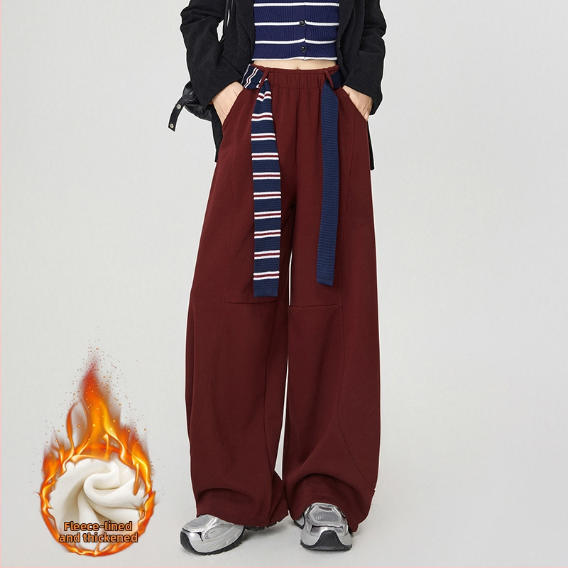 Γυναικείοι άνετοι παντελόνες σε φαρδιά γραμμή, υψηλή μέση με ελαστικό ζωνάκι, χωρίς τσαλάκωμα, παχύ μείγμα πολυεστέρα/βαμβακιού/ελαστάν (67.4% πολυεστέρας, 30.1% βαμβάκι, 2.5% ελαστάν), μακριά παντελόνια, casual ιαπωνο-κορεατικό στυλ