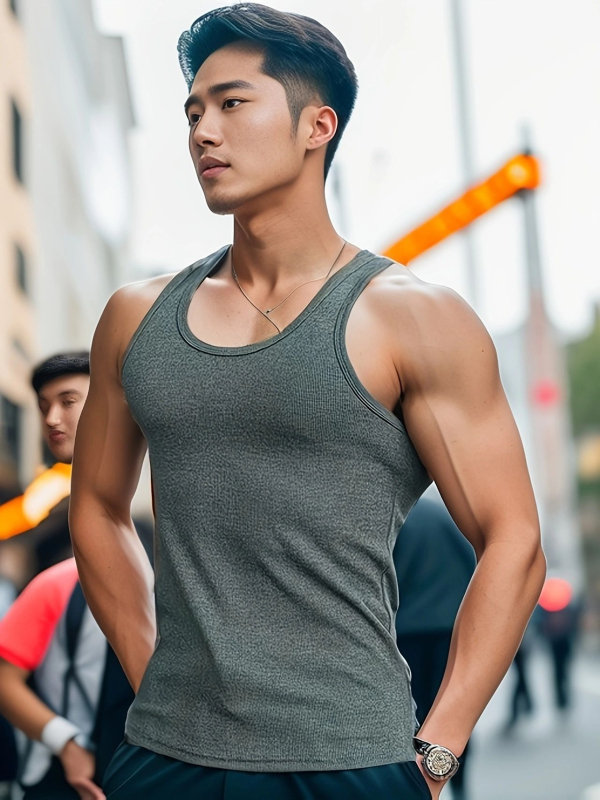 Pánska vesta v tvare I pre fitness, bavlna, savujúca pot, hrubý úplet 2x2, kruhový výstrih