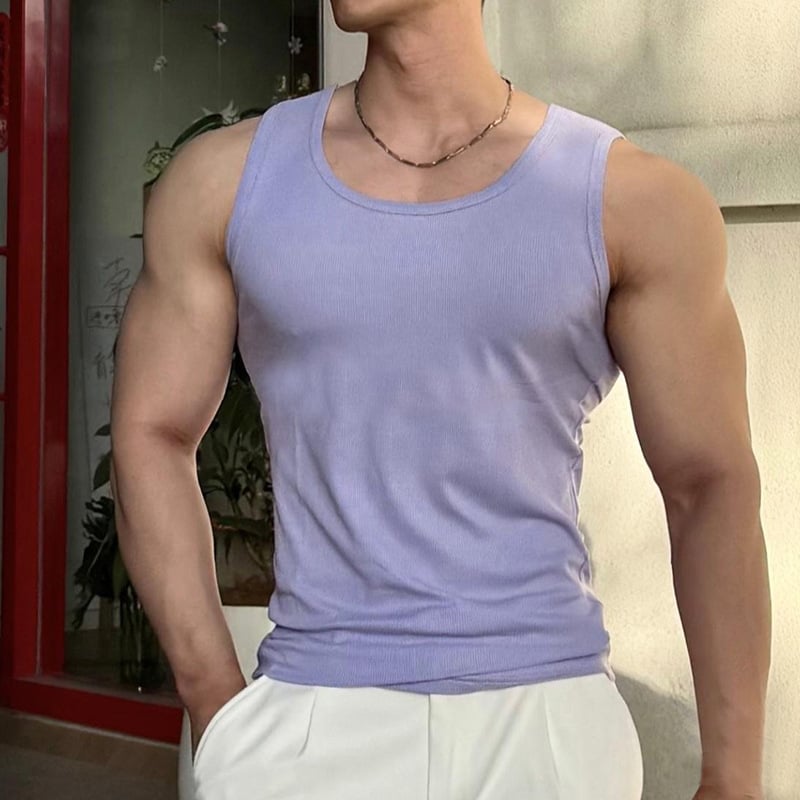 Pánska vesta v tvare I pre fitness, bavlna, savujúca pot, hrubý úplet 2x2, kruhový výstrih