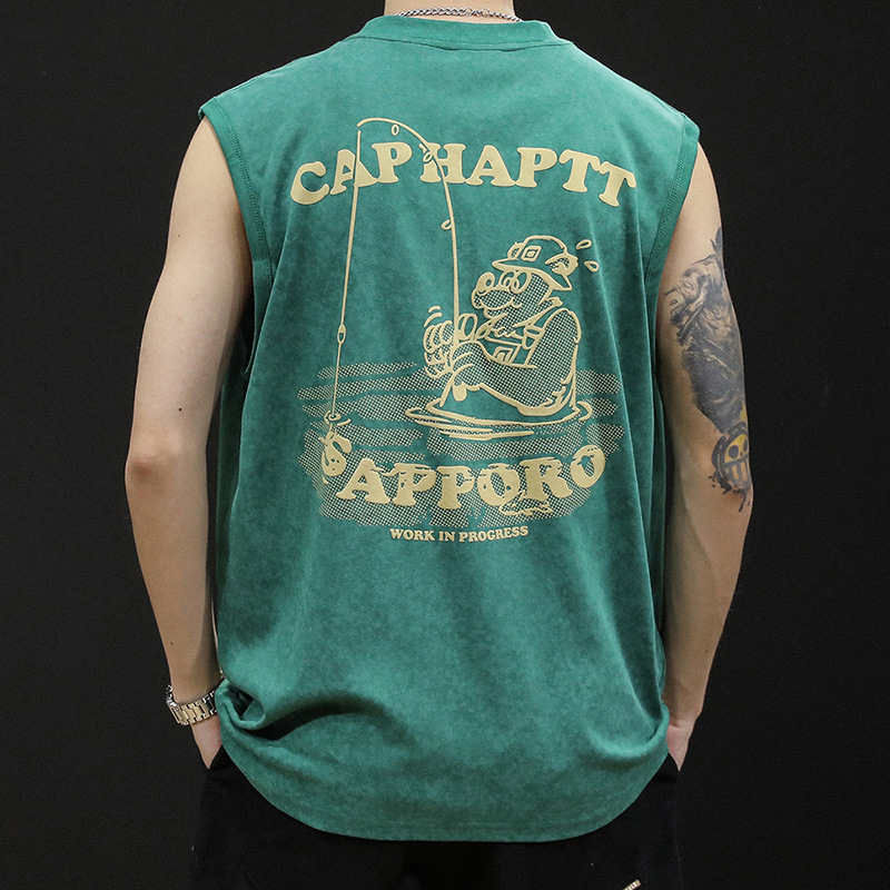 Muški sportski bez rukava top od 100% pamuka, opuštena kroj, karikatura print, ljeto 2025