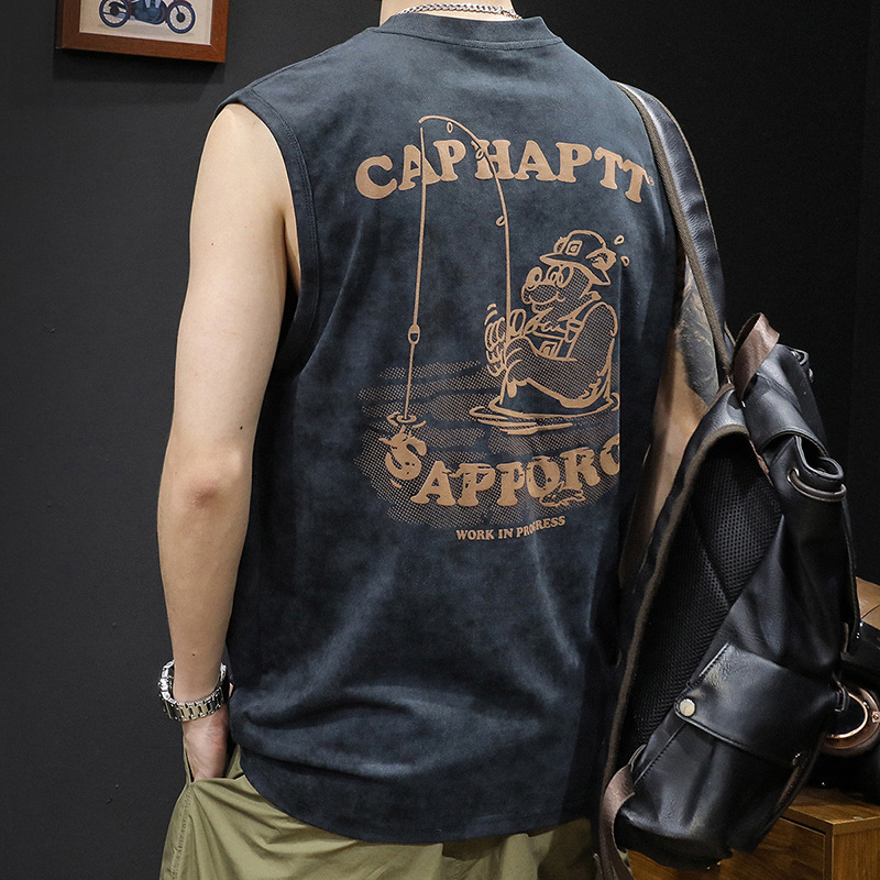 Muški sportski bez rukava top od 100% pamuka, opuštena kroj, karikatura print, ljeto 2025