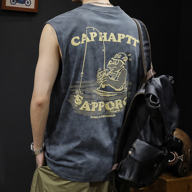 Muški sportski bez rukava top od 100% pamuka, opuštena kroj, karikatura print, ljeto 2025