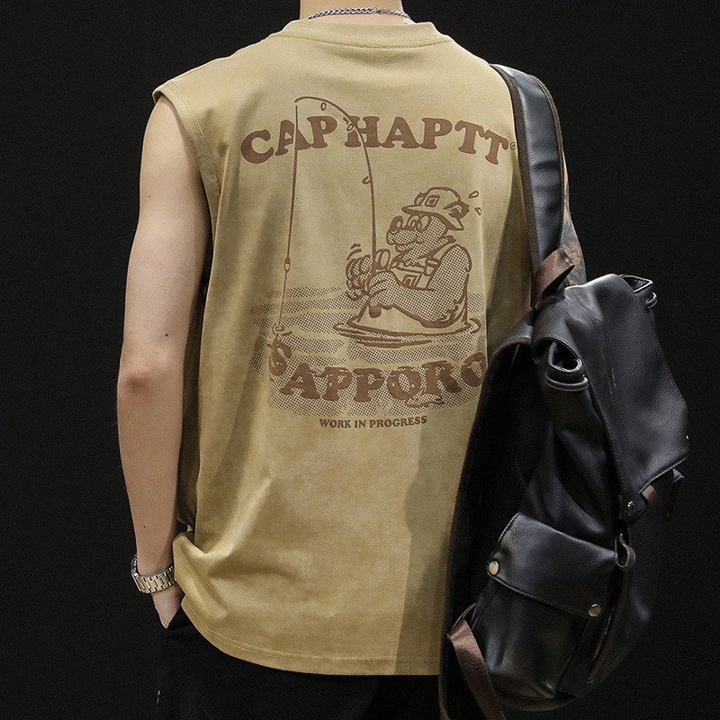 Muški sportski bez rukava top od 100% pamuka, opuštena kroj, karikatura print, ljeto 2025